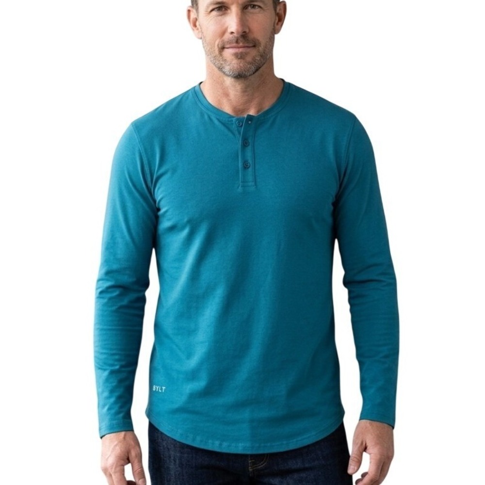 BYLT Basics Drop Cut Lux Henley Long Sleeve‎ Shirt Mens Medium Teal Blue